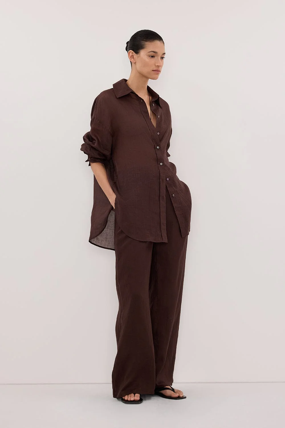 GINNY BURNT CHOC LONG SLEEVE RAMIE SHIRT - Image 3