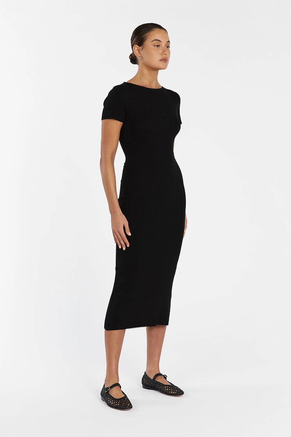 MAX BLACK BOAT NECK KNIT MIDI DRESS - Image 3